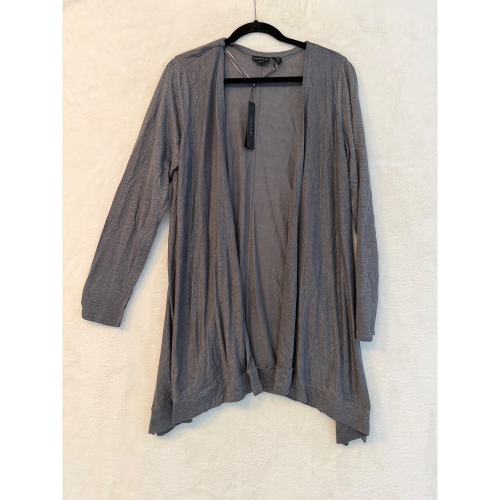 Tahari Gray‎ 100% Linen Open Front Cardigan Sweater Sharkbite Hem Large NEW